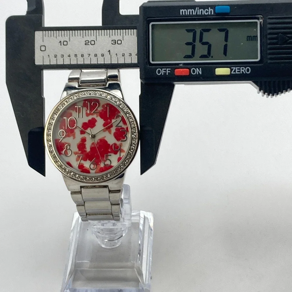 Modern Women's Watch 36mm Silver Tone Red Floral Dial Crystals New Battery 6.5